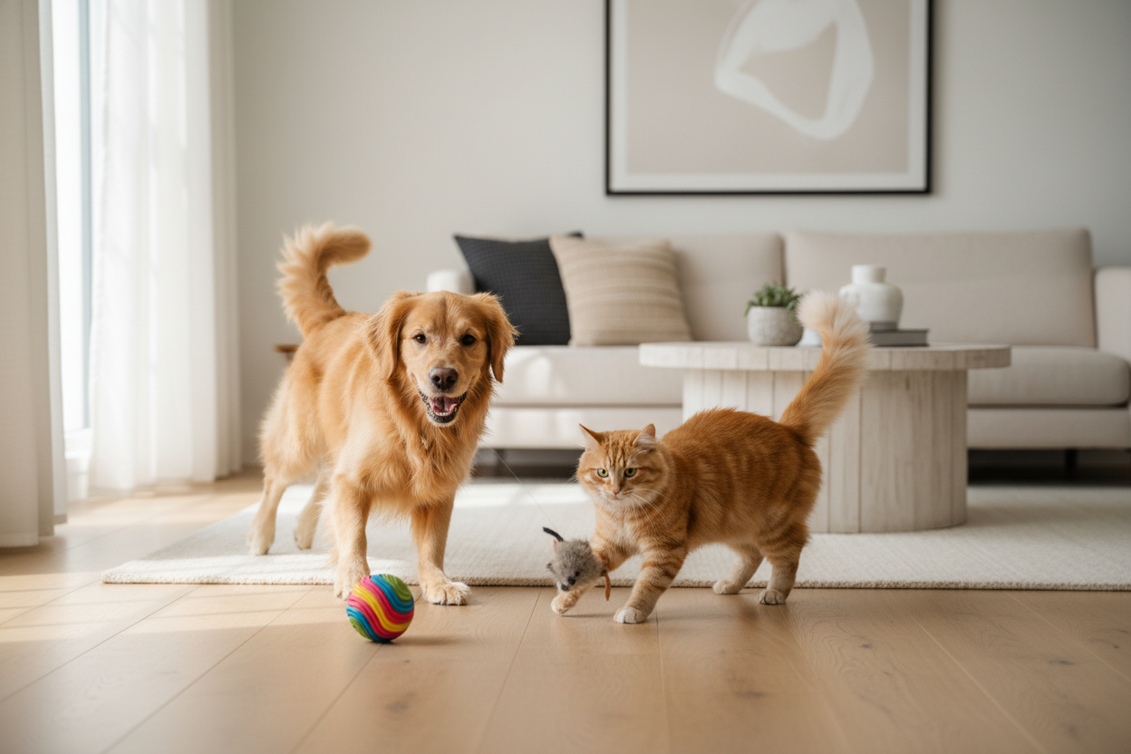 mach das bild so das die ktzen und hunde mit spielzeug spielen